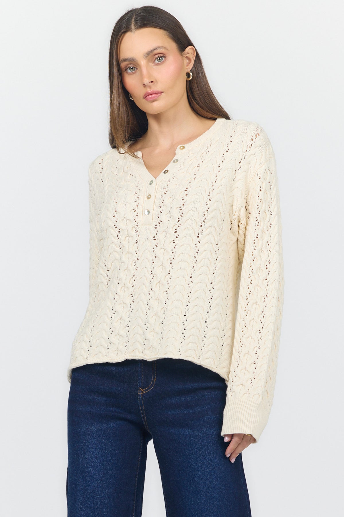 DREYA V NECK LONG SLEEVE SWEATERS CREAM SIDE — Dear John Denim