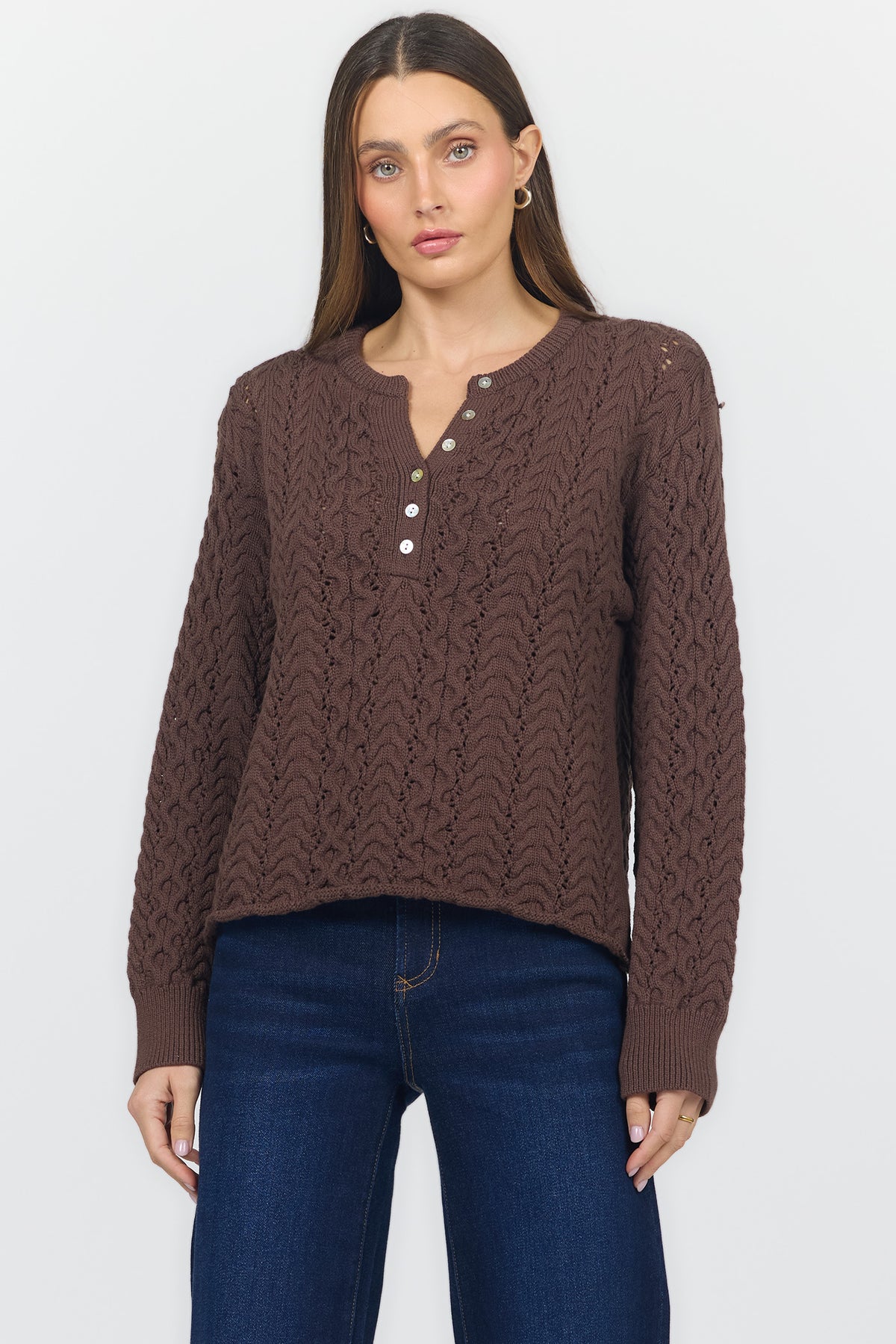 DREYA CREW NECK LONG SLEEVE SWEATERS MELTED CHOCOLATE FRONT — Dear John Denim