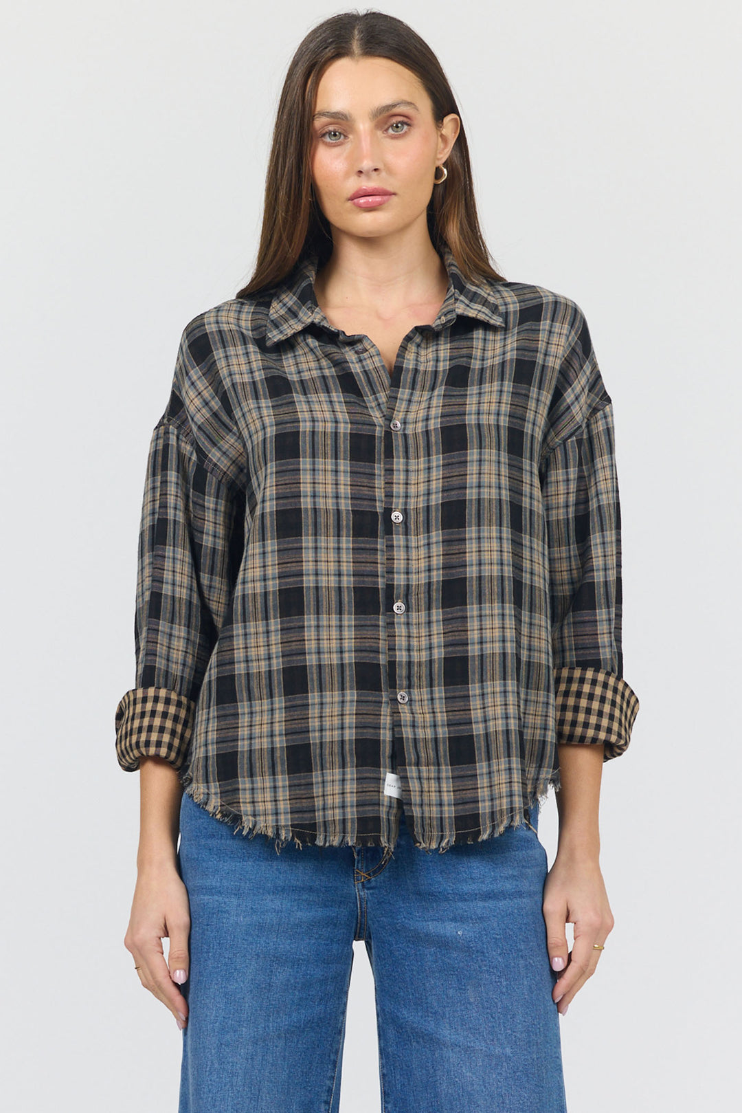 adrianna-button-front-collared-raw-hem-shirt-midnight-lecture-plaid