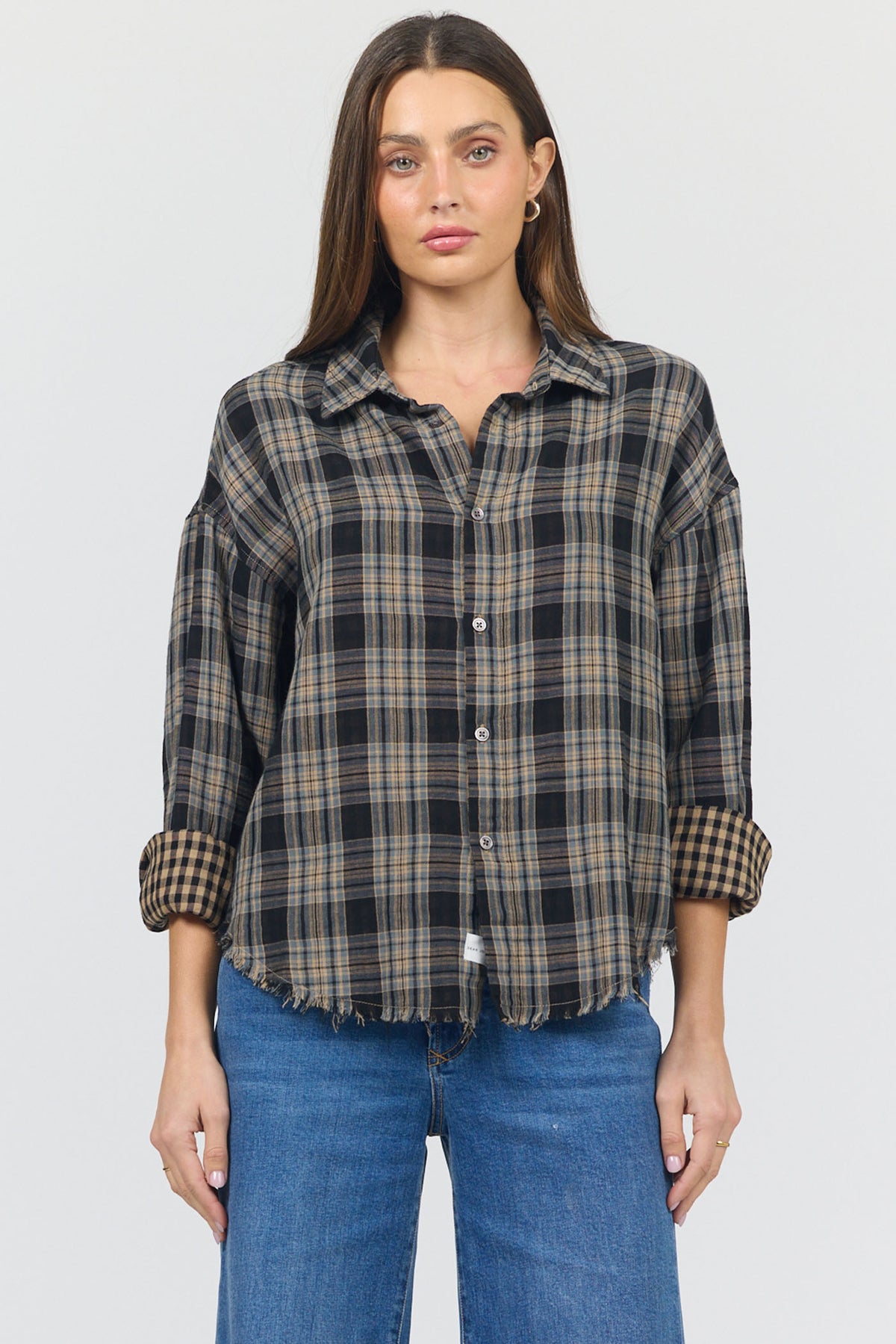 adrianna-button-front-collared-raw-hem-shirt-midnight-lecture-plaid — Dear John Denim