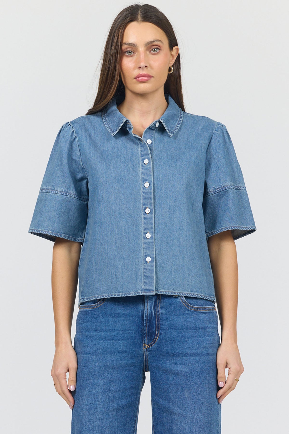 irina-collared-button-front-short-sleeve-top-osalina — Dear John Denim
