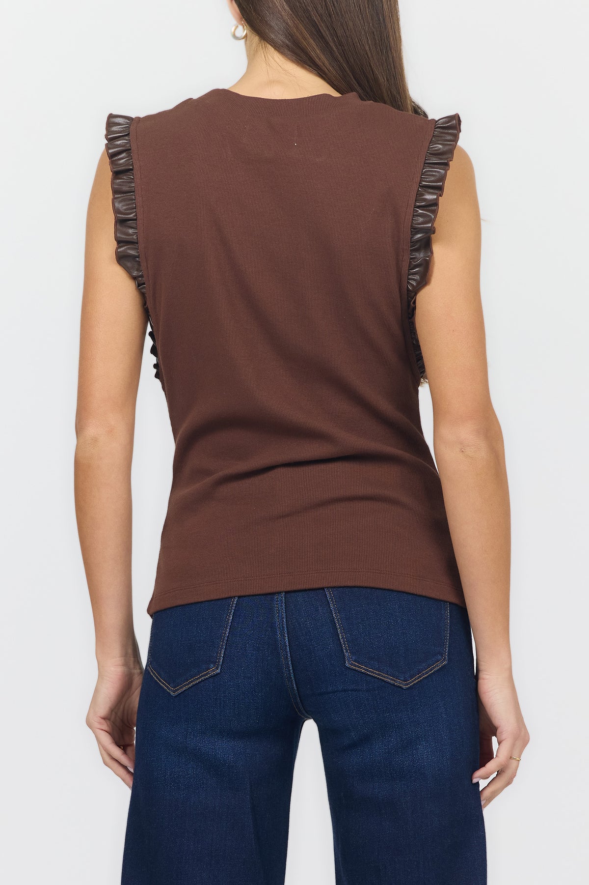 bridget-rib-tank-with-leather-ruffle-trim-shaved-chocolate — Dear John Denim