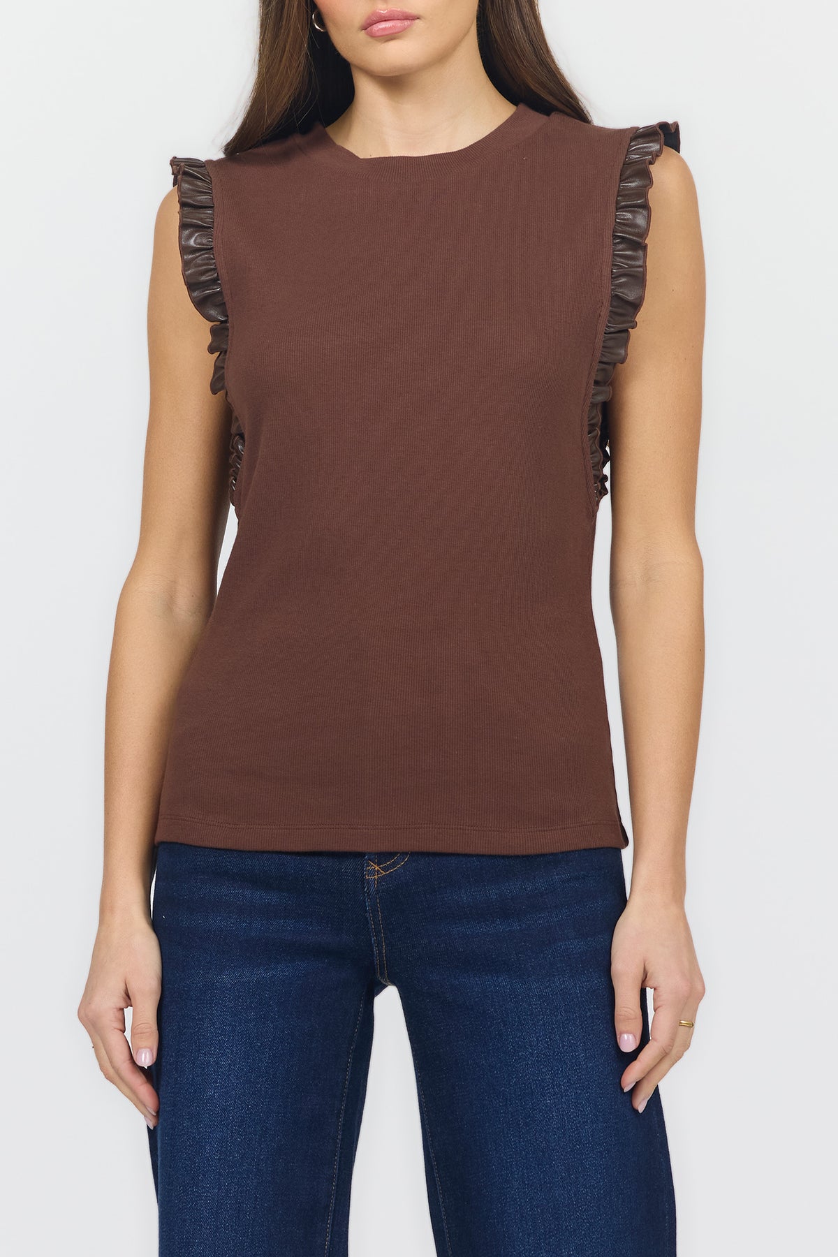 bridget-rib-tank-with-leather-ruffle-trim-shaved-chocolate — Dear John Denim