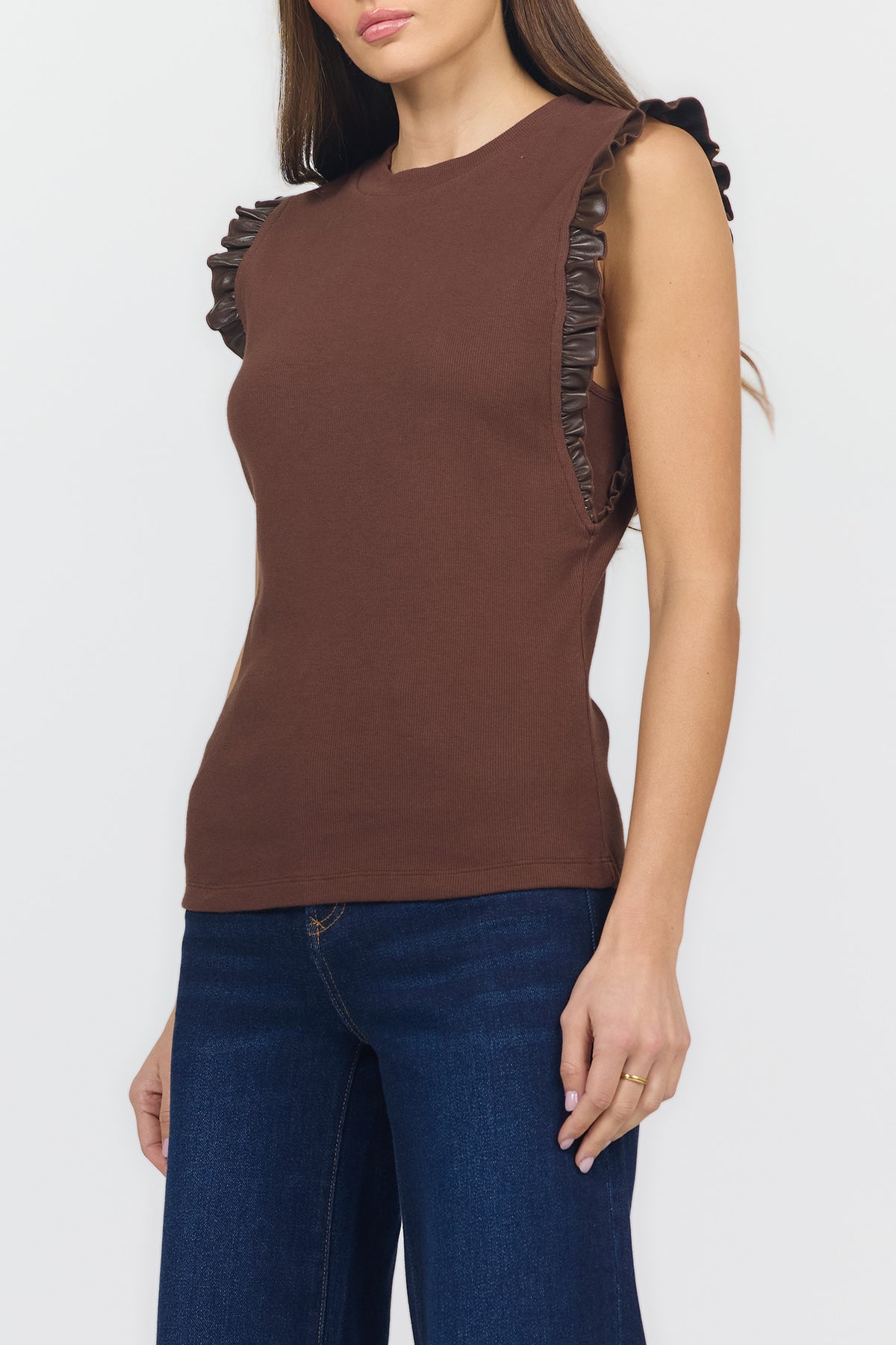 bridget-rib-tank-with-leather-ruffle-trim-shaved-chocolate — Dear John Denim