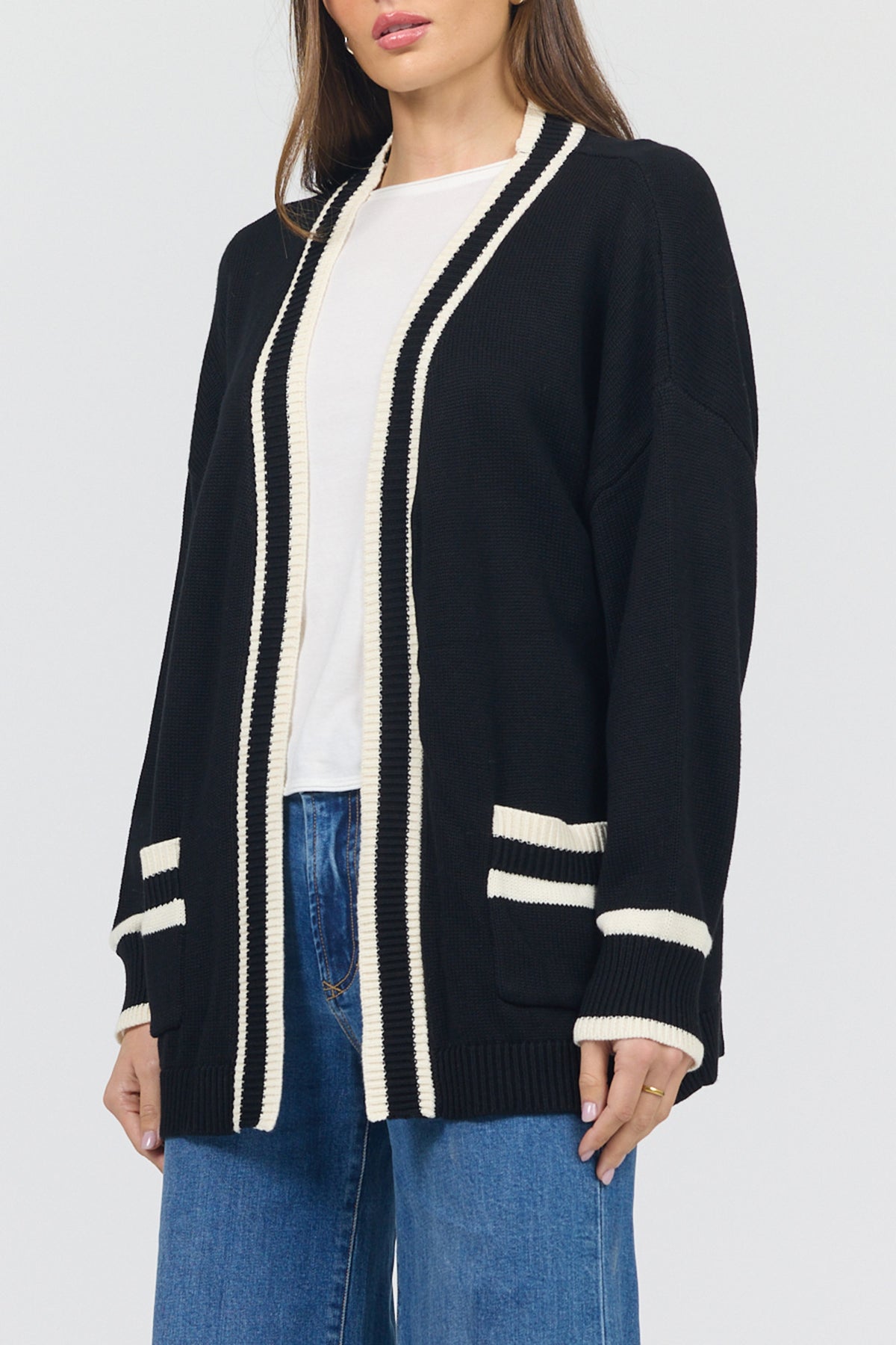 amani-open-front-long-sleeve-relaxed-fit-cardigan-black — Dear John Denim