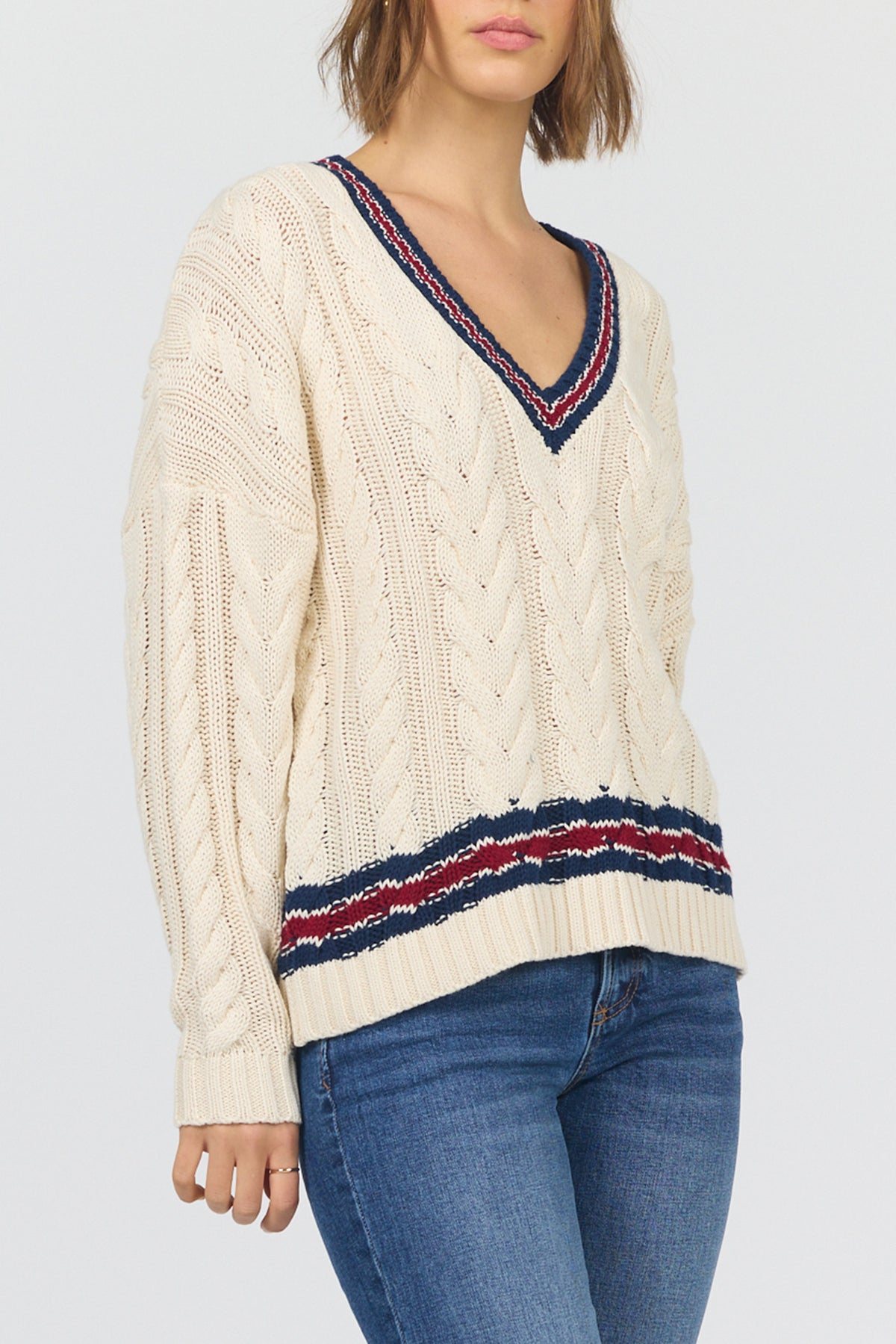kairi-v-neck-long-sleeve-relaxed-fit-cable-knit-sweater-academy-stripes — Dear John Denim