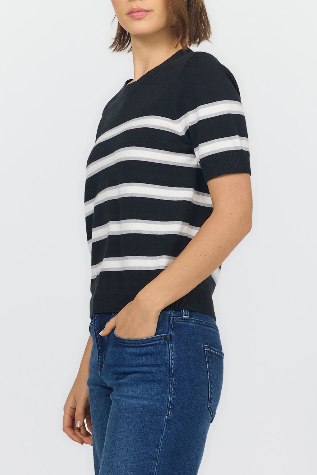 amaris-relaxed-fit-crew-neck-short-sleeve-stripe-sweater-black-and-grey — Dear John Denim