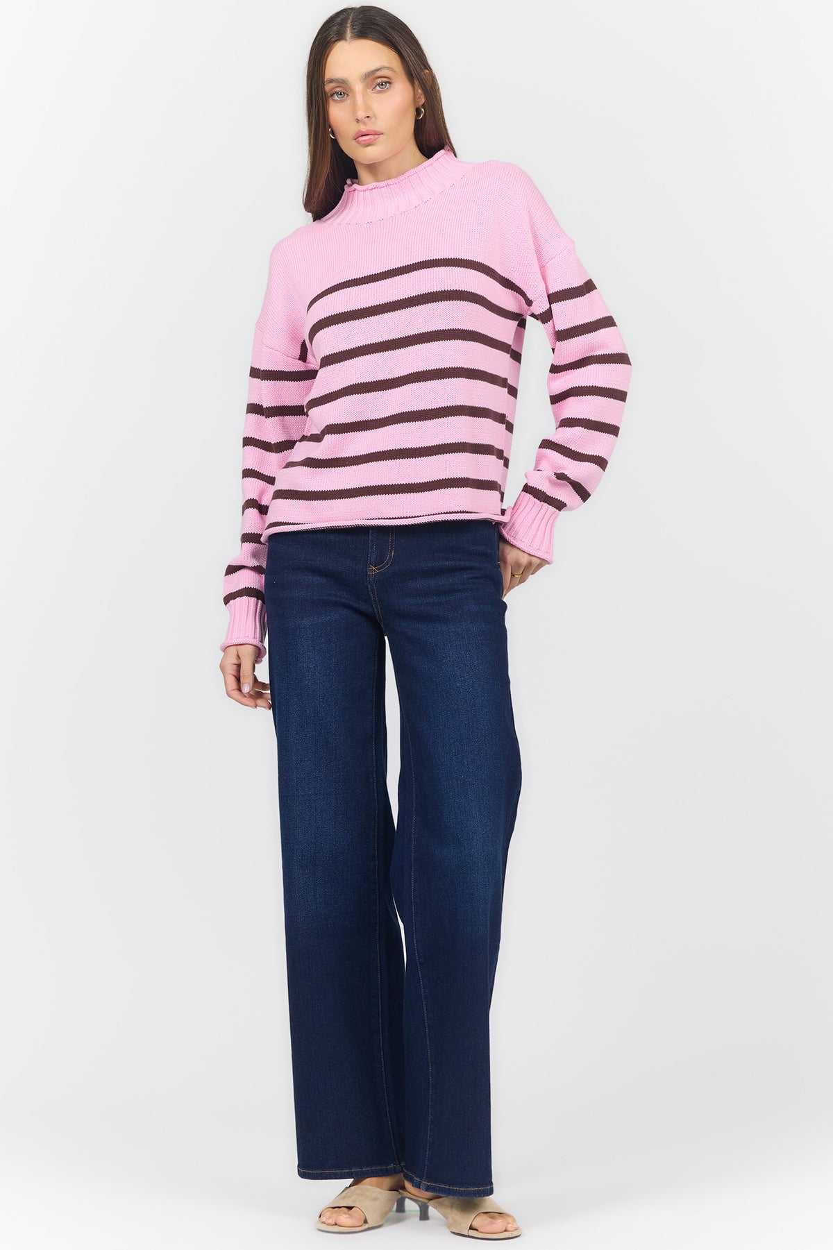 solana-long-sleeve-funnel-neck-roll-neck-stripe-sweater-cashmere-rose — Dear John Denim