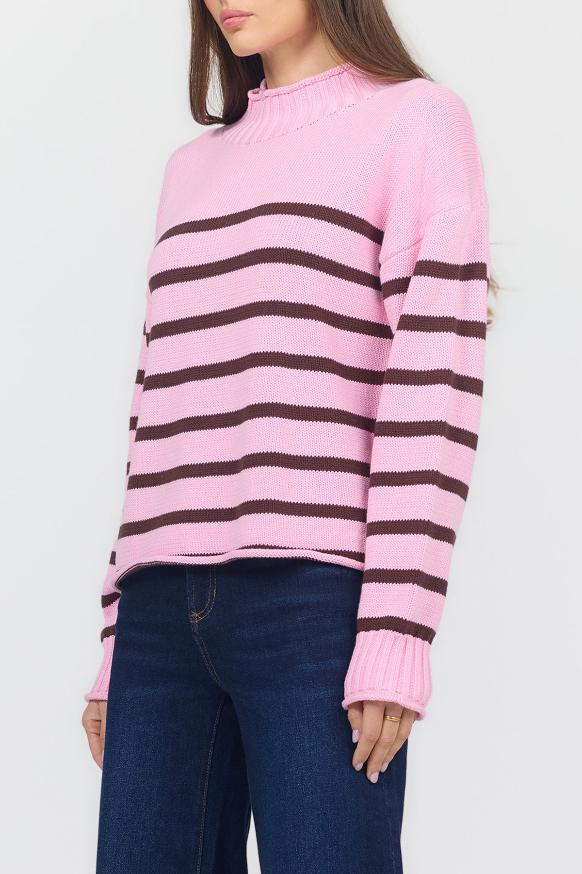 solana-long-sleeve-funnel-neck-roll-neck-stripe-sweater-cashmere-rose — Dear John Denim