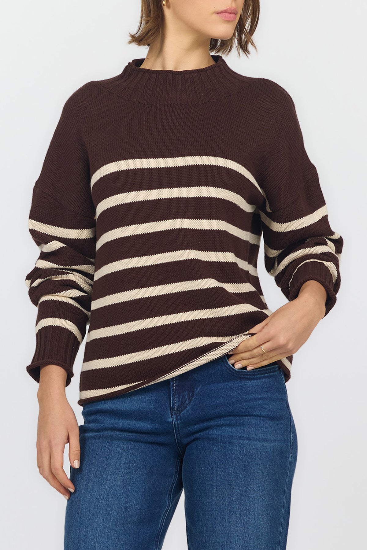 solana-long-sleeve-funnel-neck-roll-neck-stripe-sweater-chocolate-torte — Dear John Denim