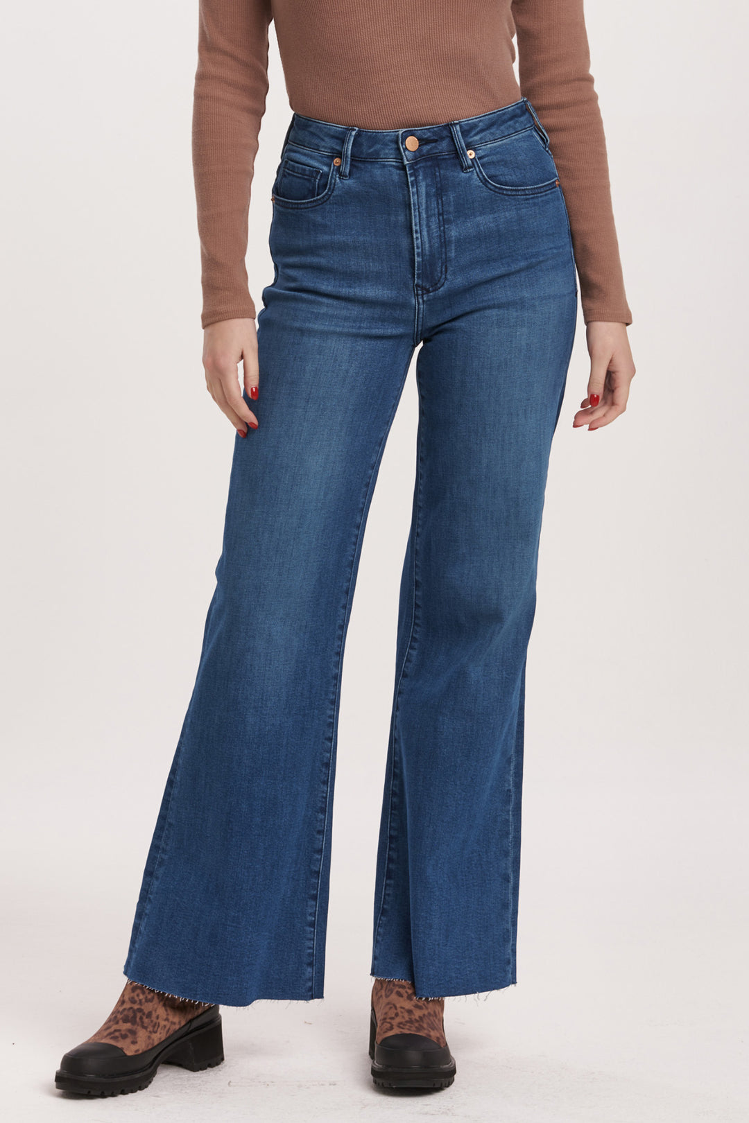 image of a female model wearing a FIONA HIGH RISE FULL INSEAM RAW CUT HEM JEANS VIOLET BLUE DEAR JOHN DENIM 
