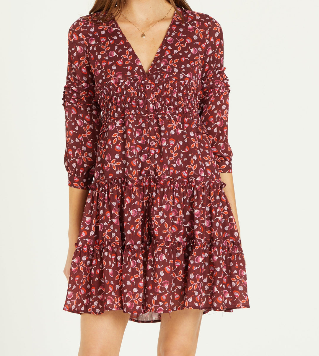 image of a female model wearing a MARIE TIERED DRESS MULBERRY SCALLOP DEAR JOHN DENIM 
