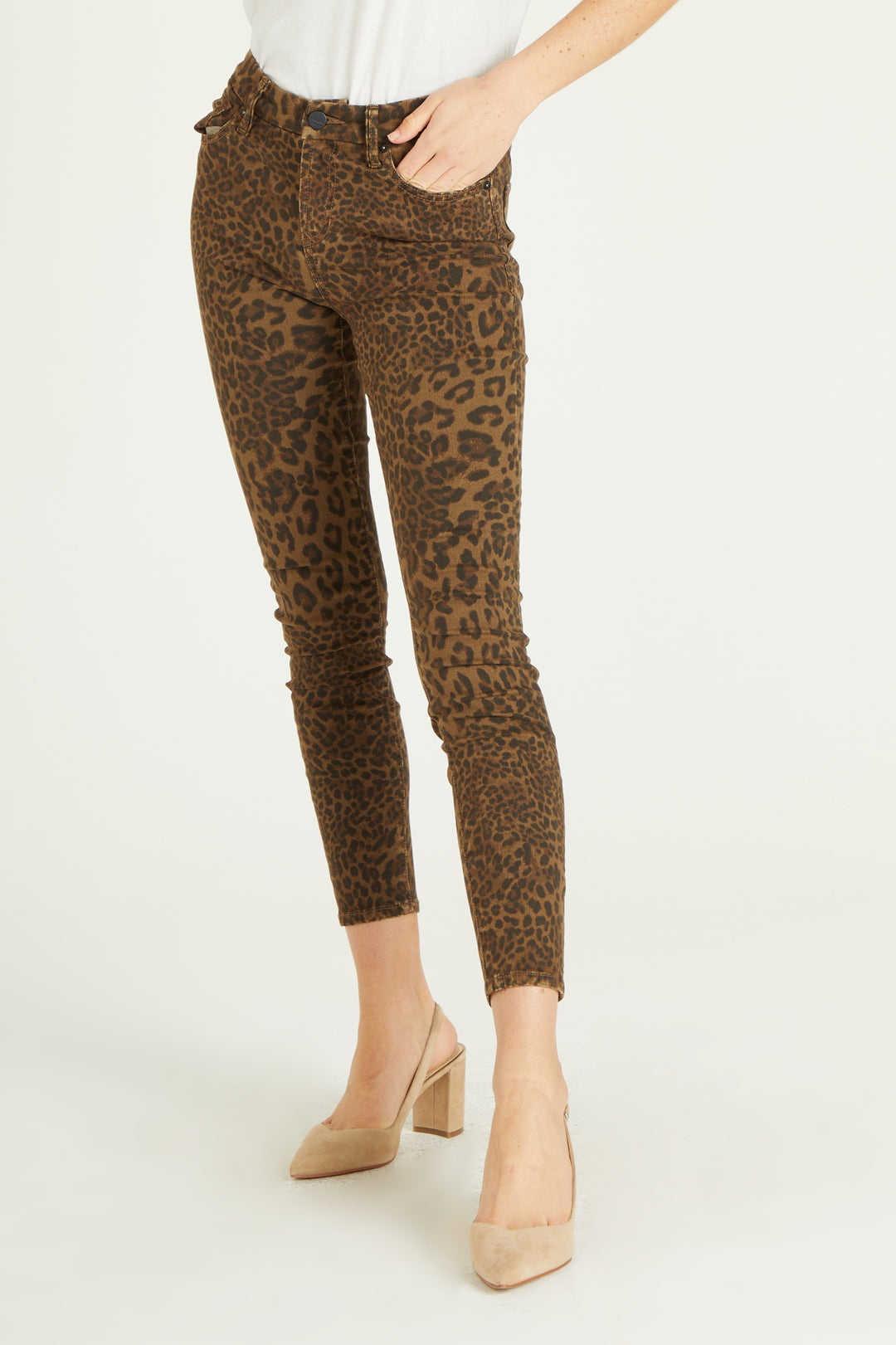 image of a female model wearing a 9 1/2" HIGH RISE GISELE SKINNY IN SHADOW LEOPARD DEAR JOHN DENIM 