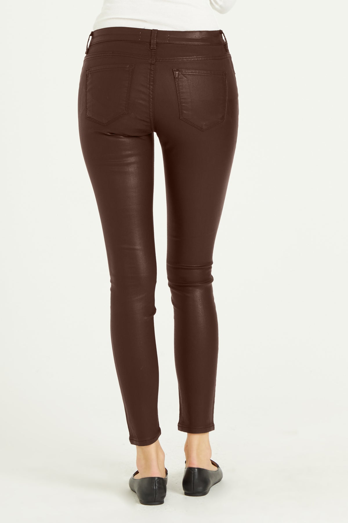 image of a female model wearing a PIXIE HIGH RISE ANKLE SKINNY JEANS ESPRESSO COATED DEAR JOHN DENIM  — Dear John Denim