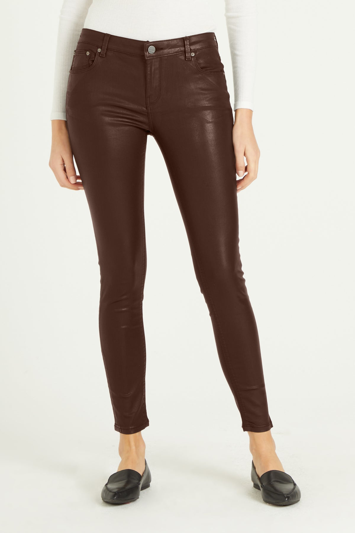 image of a female model wearing a PIXIE HIGH RISE ANKLE SKINNY JEANS ESPRESSO COATED DEAR JOHN DENIM  — Dear John Denim