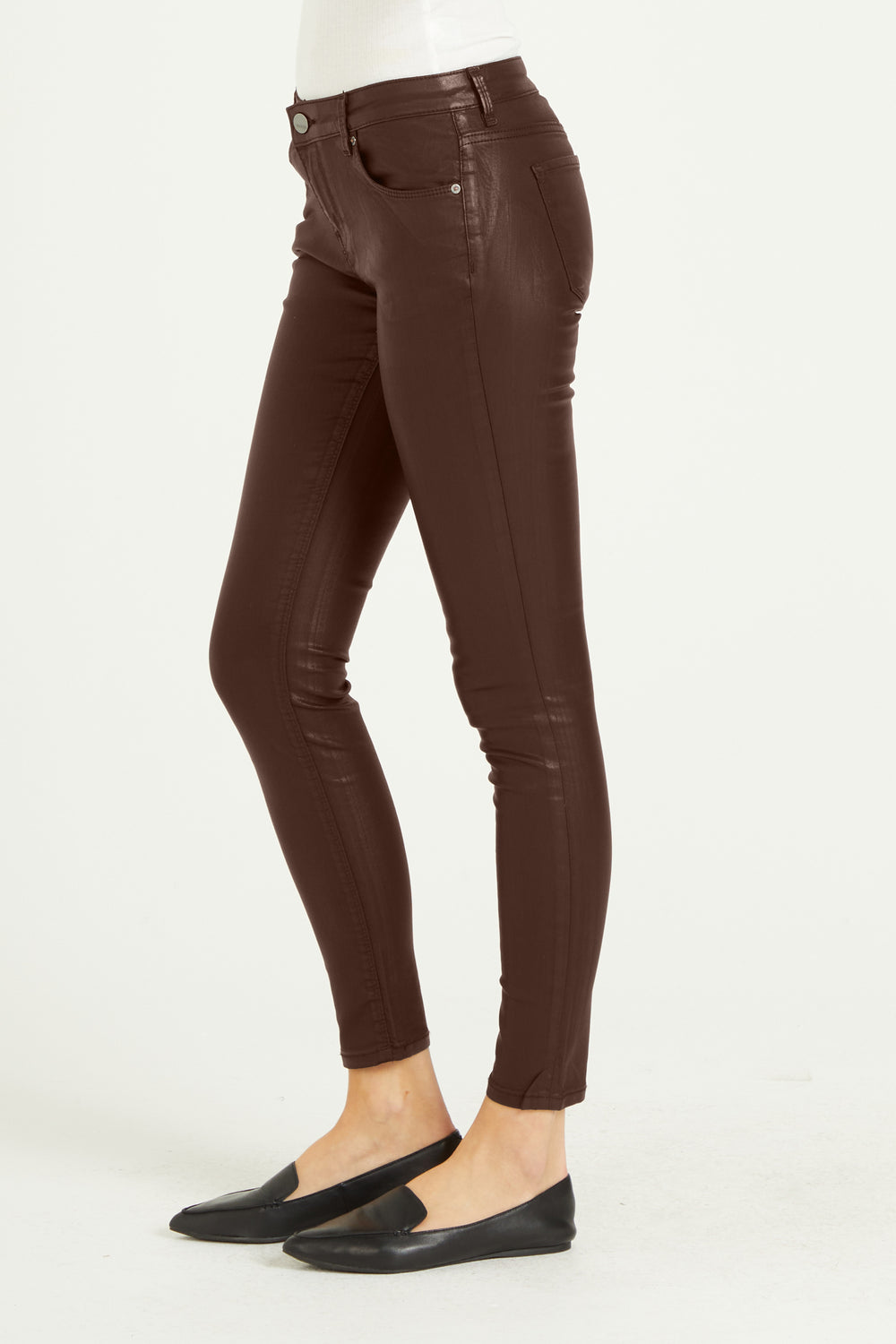 image of a female model wearing a PIXIE HIGH RISE ANKLE SKINNY JEANS ESPRESSO COATED DEAR JOHN DENIM 