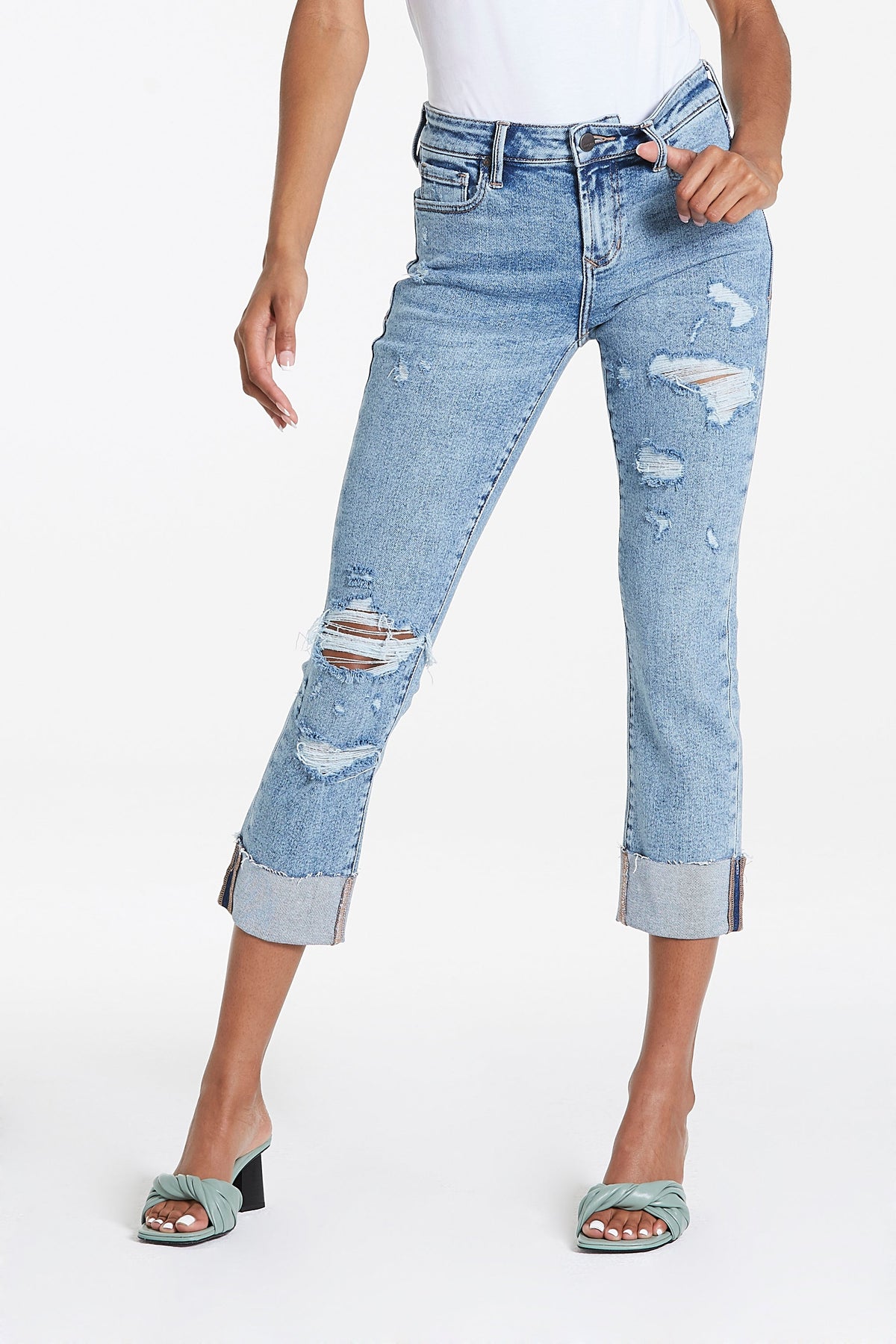 image of a female model wearing a BLAIRE HIGH RISE CUFFED SLIM STRAIGHT JEANS GLASS BEACH DEAR JOHN DENIM  — Dear John Denim